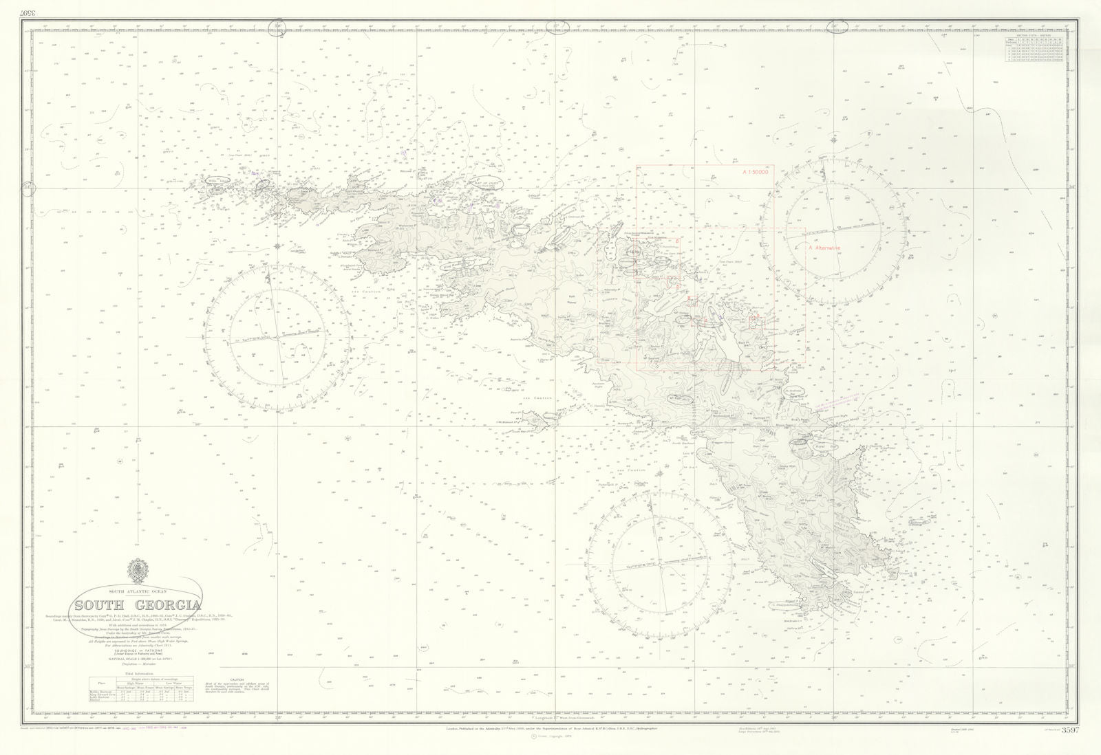 South Georgia Admiralty chart used on HMS Glamorgan in 1982 war. 1958 (1984) map